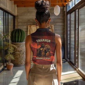 Taharqa Women Sleeveless Polo Shirt with Warrior Portrait, Lion of Kush Title and Bold Red Defender of Africa - African Pride