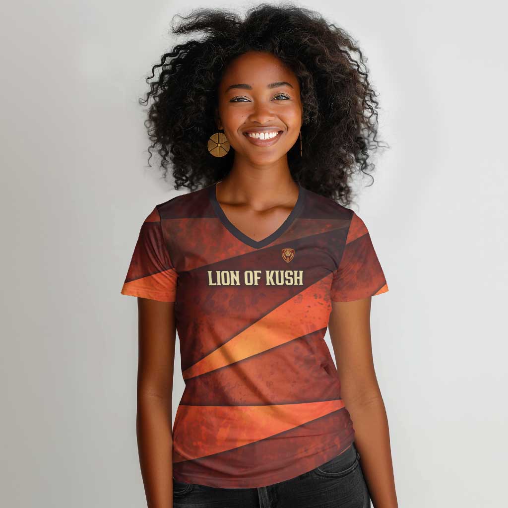 Taharqa Women V-Neck T-Shirt with Warrior Portrait, Lion of Kush Title and Bold Red Defender of Africa - African Pride