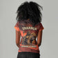 Taharqa Women V-Neck T-Shirt with Warrior Portrait, Lion of Kush Title and Bold Red Defender of Africa - African Pride