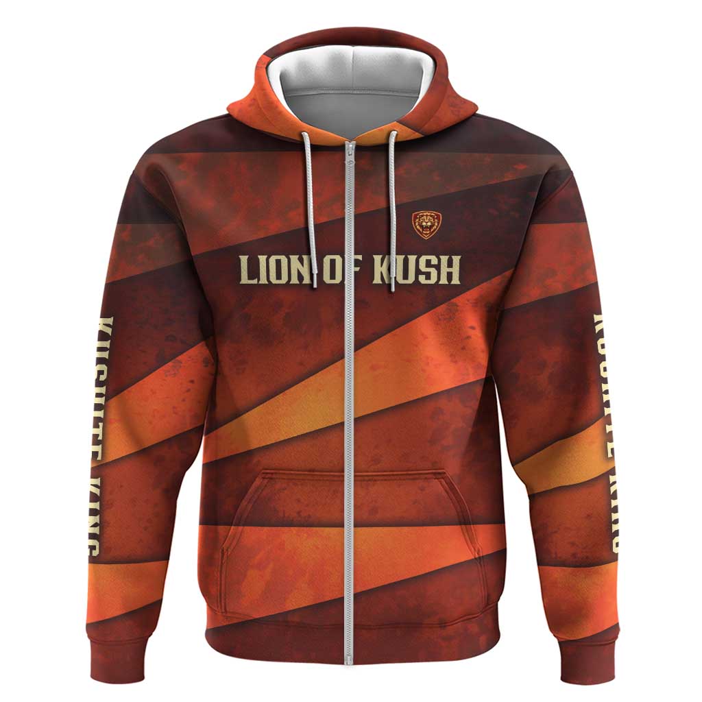 Taharqa Zip Hoodie with Warrior Portrait, Lion of Kush Title and Bold Red Defender of Africa - African Pride