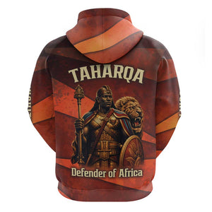 Taharqa Zip Hoodie with Warrior Portrait, Lion of Kush Title and Bold Red Defender of Africa - African Pride