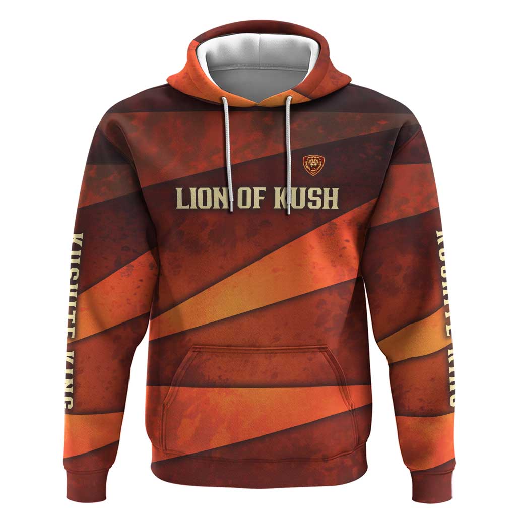 Taharqa Zip Hoodie with Warrior Portrait, Lion of Kush Title and Bold Red Defender of Africa - African Pride