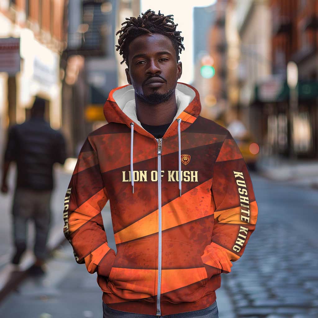 Taharqa Zip Hoodie with Warrior Portrait, Lion of Kush Title and Bold Red Defender of Africa - African Pride