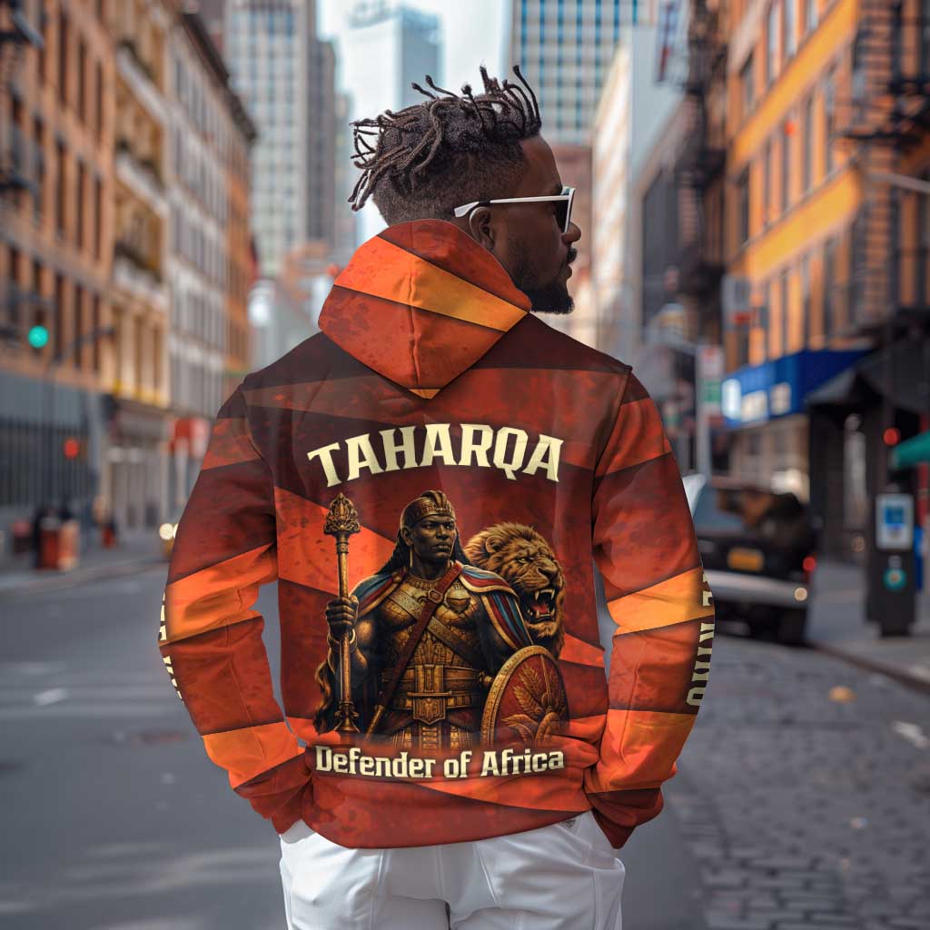 Taharqa Zip Hoodie with Warrior Portrait, Lion of Kush Title and Bold Red Defender of Africa - African Pride