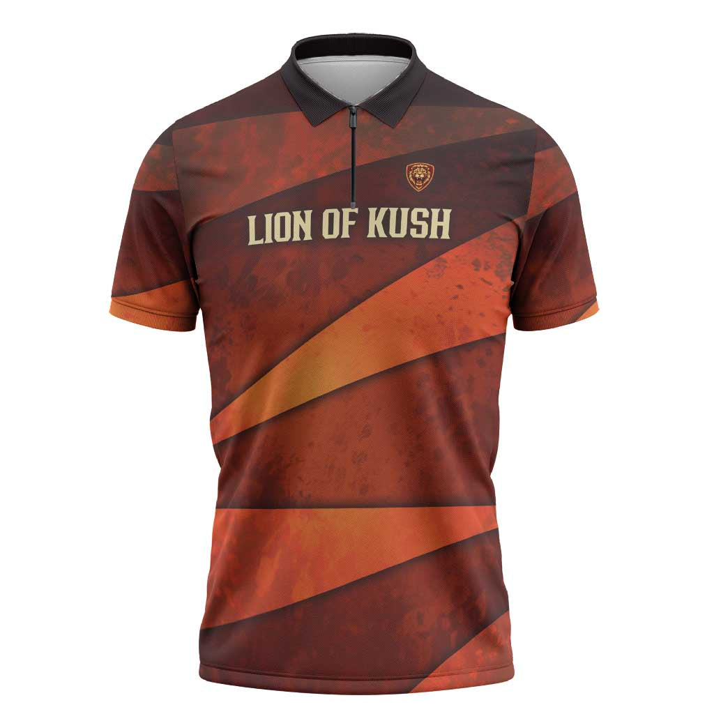 Taharqa Zipper Polo Shirt with Warrior Portrait, Lion of Kush Title and Bold Red Defender of Africa - African Pride