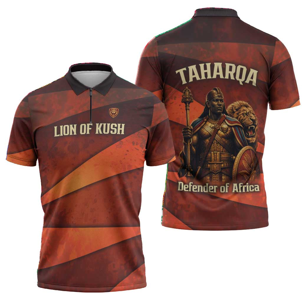 Taharqa Zipper Polo Shirt with Warrior Portrait, Lion of Kush Title and Bold Red Defender of Africa - African Pride