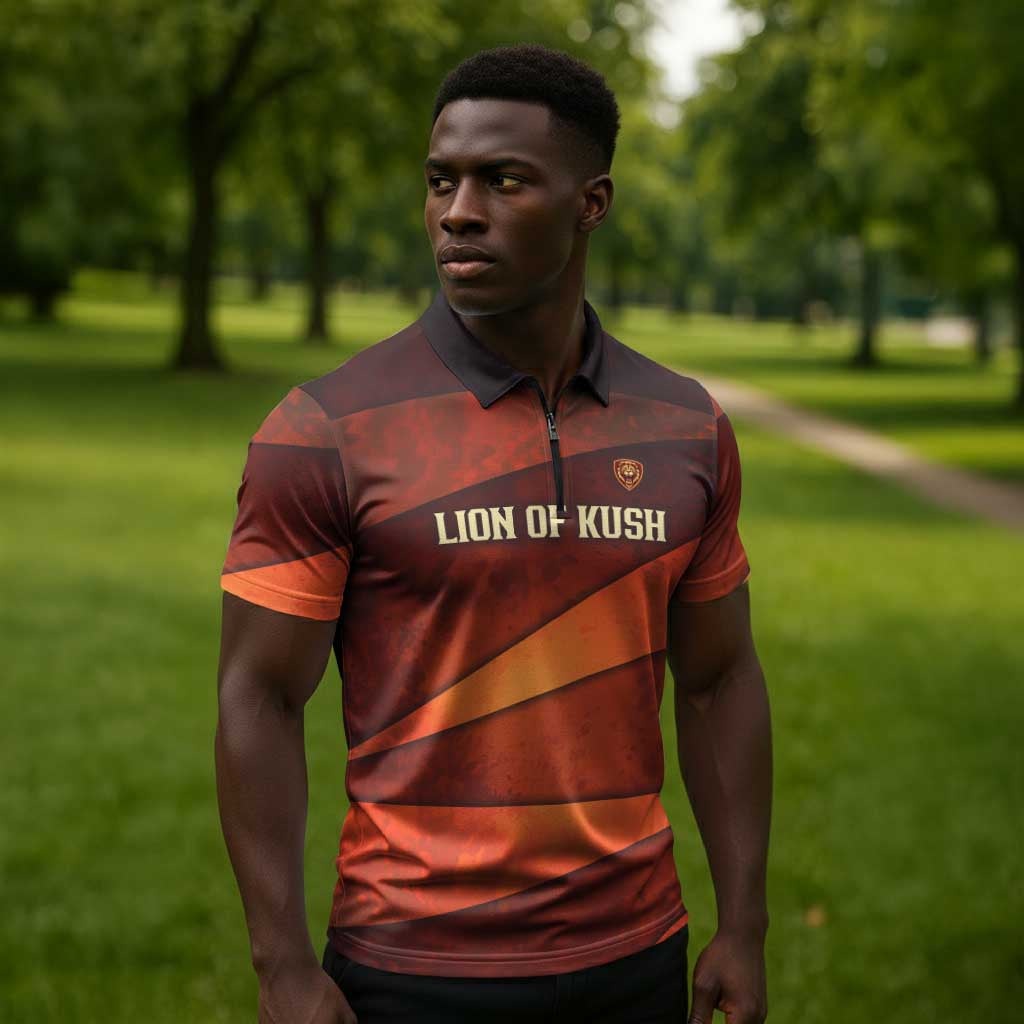Taharqa Zipper Polo Shirt with Warrior Portrait, Lion of Kush Title and Bold Red Defender of Africa - African Pride