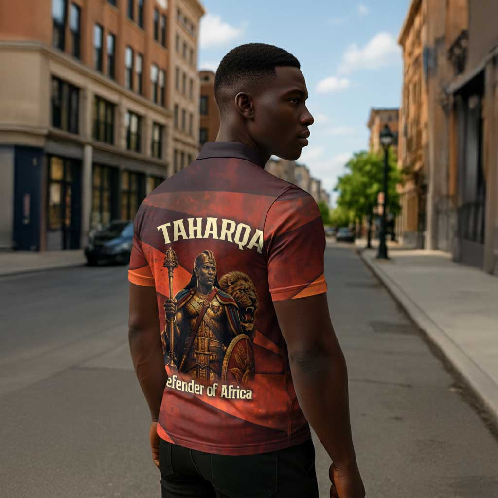 Taharqa Zipper Polo Shirt with Warrior Portrait, Lion of Kush Title and Bold Red Defender of Africa - African Pride