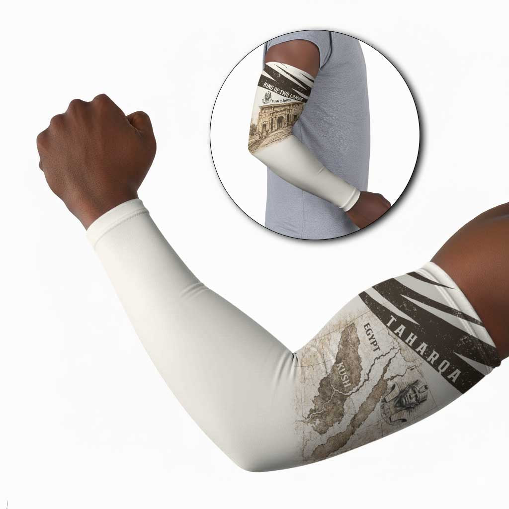 Taharqa Arm Sleeves with Ancient Map Illustration, King of Two Lands Title and Kush Egypt Temple - African Pride