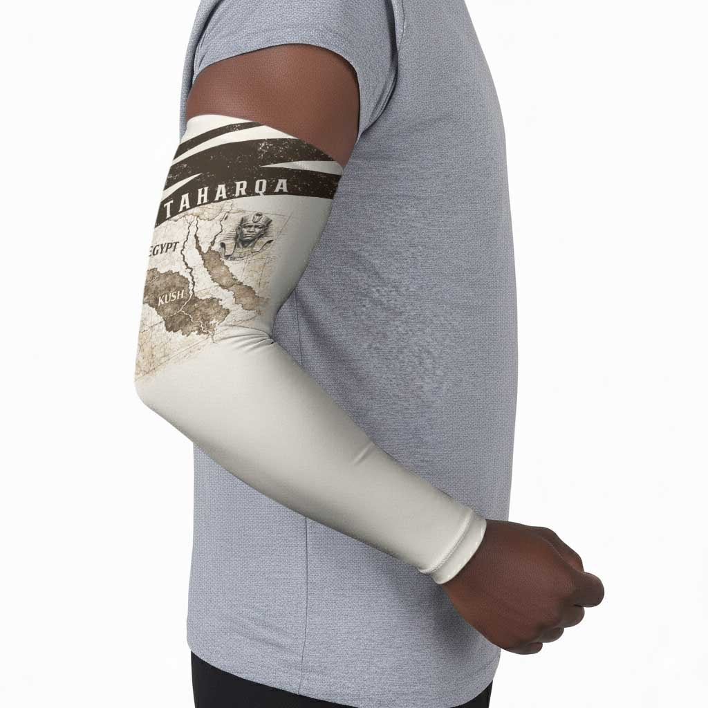 Taharqa Arm Sleeves with Ancient Map Illustration, King of Two Lands Title and Kush Egypt Temple - African Pride