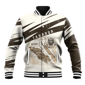 Taharqa Baseball Jacket with Ancient Map Illustration, King of Two Lands Title and Kush Egypt Temple - African Pride