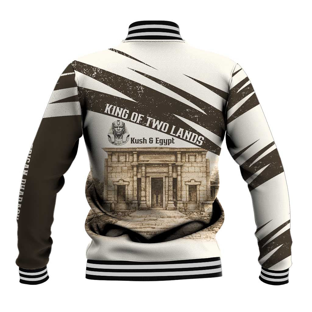 Taharqa Baseball Jacket with Ancient Map Illustration, King of Two Lands Title and Kush Egypt Temple - African Pride