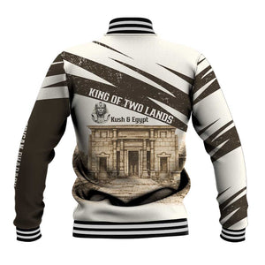 Taharqa Baseball Jacket with Ancient Map Illustration, King of Two Lands Title and Kush Egypt Temple - African Pride