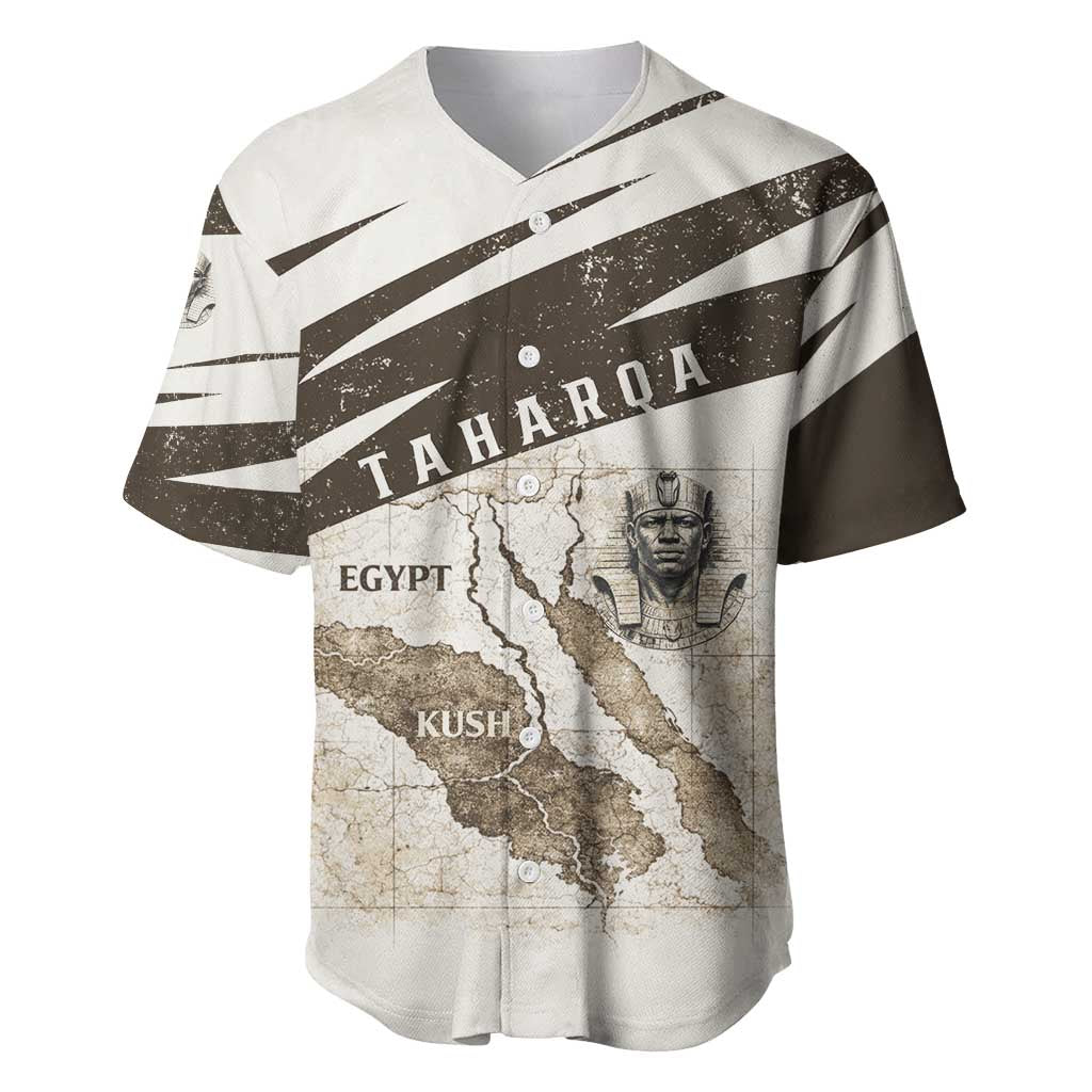 Taharqa Baseball Jersey with Ancient Map Illustration, King of Two Lands Title and Kush Egypt Temple - African Pride