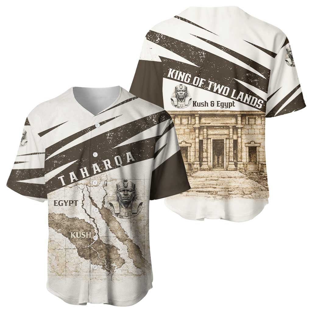 Taharqa Baseball Jersey with Ancient Map Illustration, King of Two Lands Title and Kush Egypt Temple - African Pride
