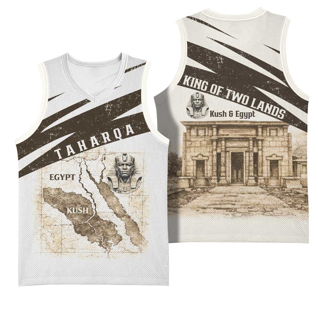 Taharqa Basketball Jersey with Ancient Map Illustration, King of Two Lands Title and Kush Egypt Temple - African Pride