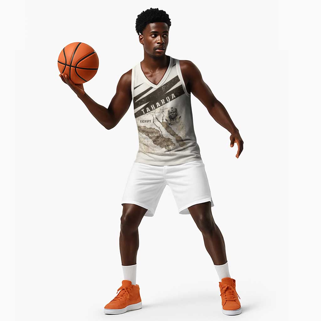 Taharqa Basketball Jersey with Ancient Map Illustration, King of Two Lands Title and Kush Egypt Temple - African Pride