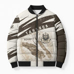 Taharqa Bomber Puffer Jacket with Ancient Map Illustration, King of Two Lands Title and Kush Egypt Temple - African Pride