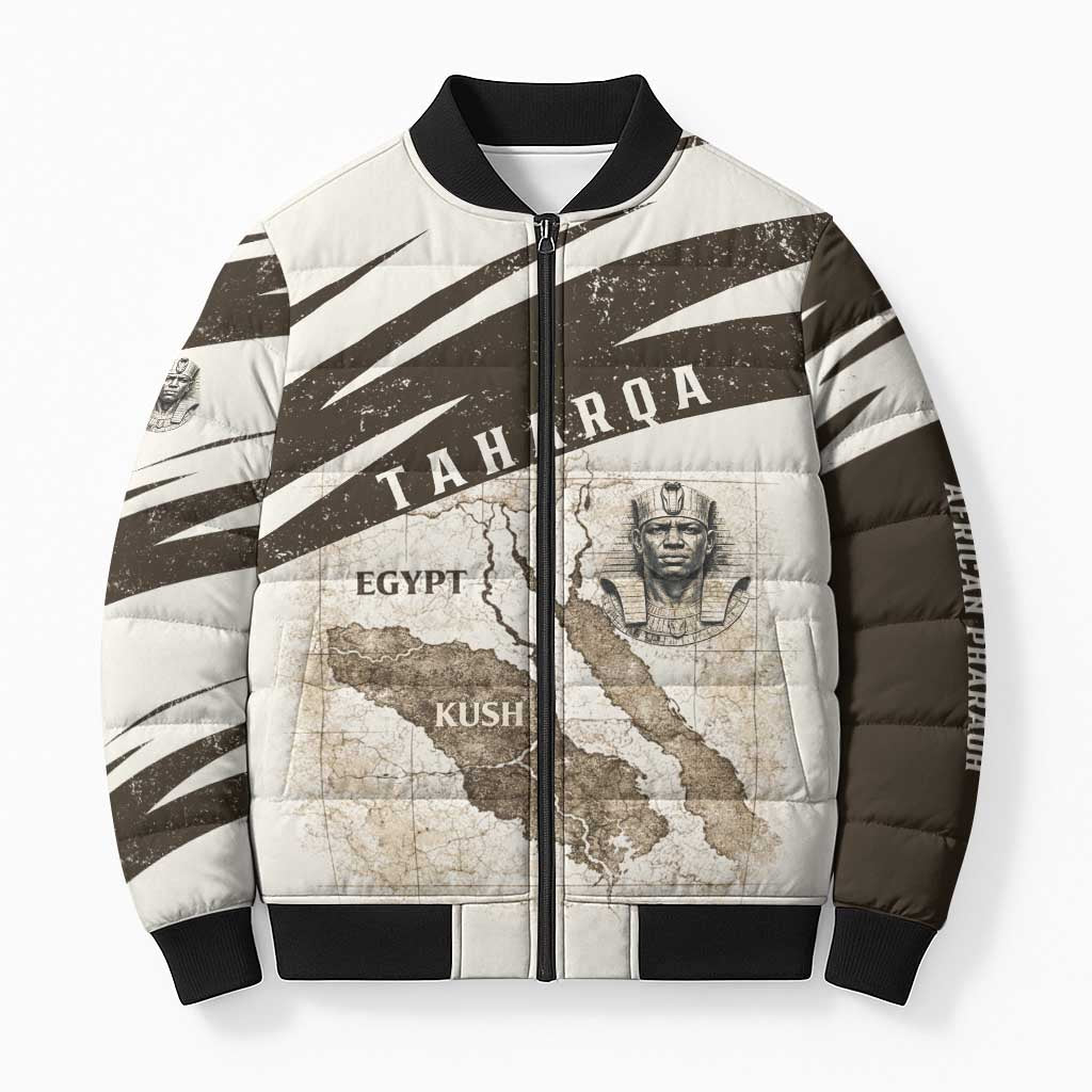 Taharqa Bomber Puffer Jacket with Ancient Map Illustration, King of Two Lands Title and Kush Egypt Temple - African Pride