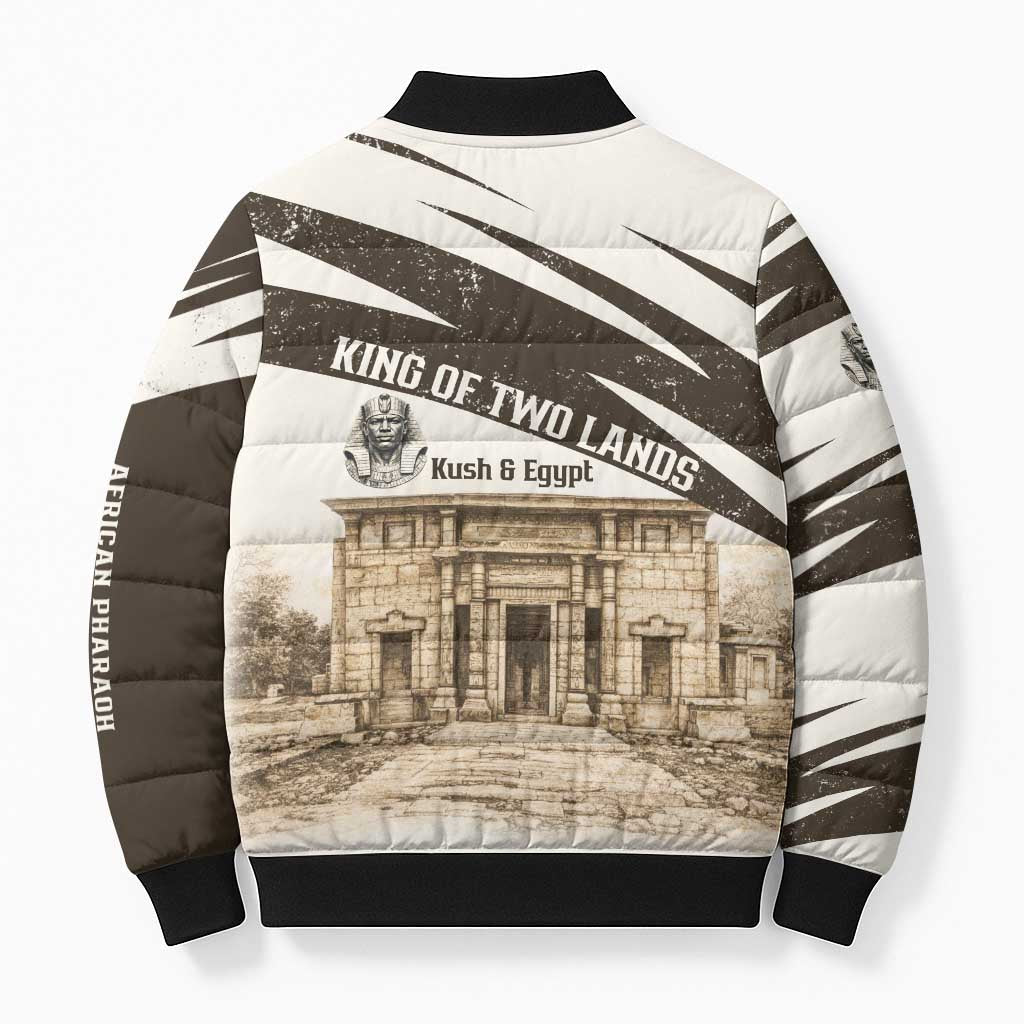 Taharqa Bomber Puffer Jacket with Ancient Map Illustration, King of Two Lands Title and Kush Egypt Temple - African Pride