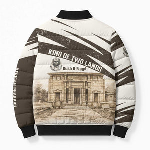 Taharqa Bomber Puffer Jacket with Ancient Map Illustration, King of Two Lands Title and Kush Egypt Temple - African Pride