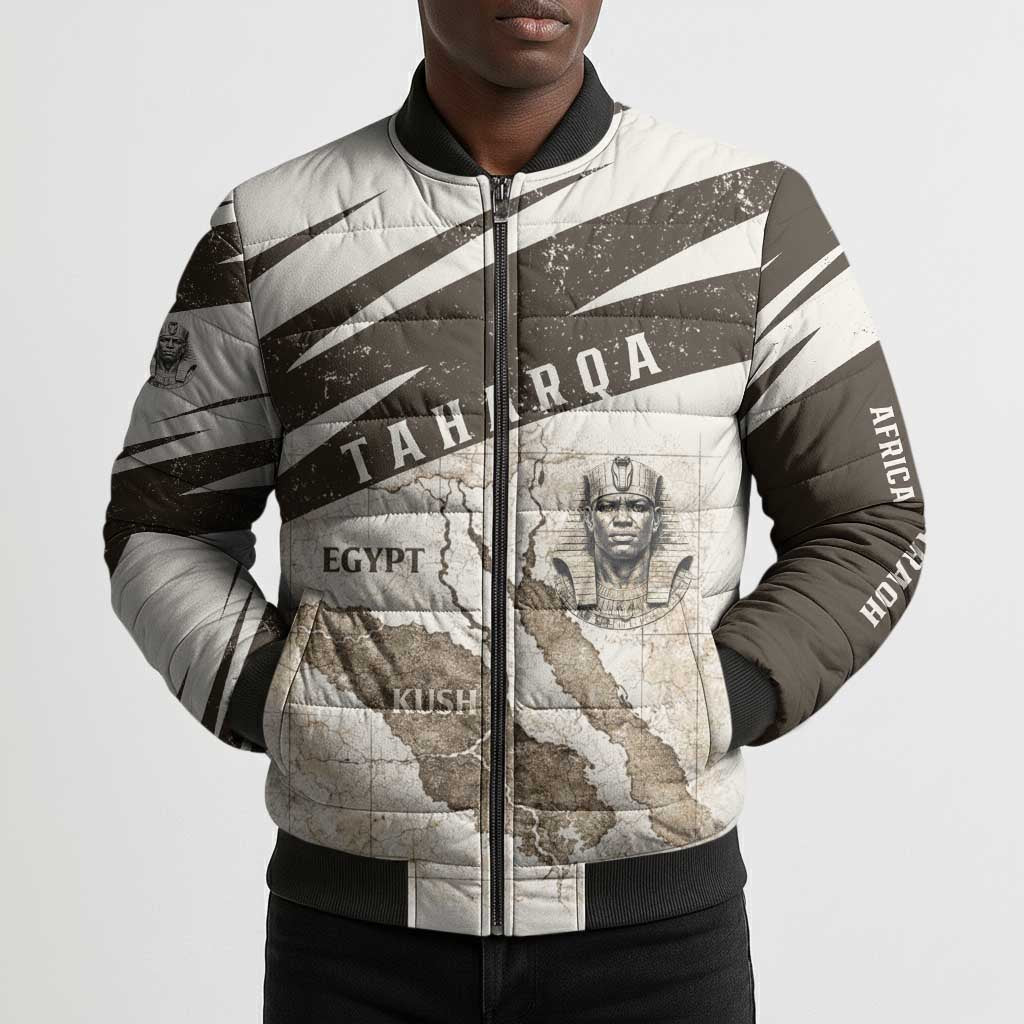 Taharqa Bomber Puffer Jacket with Ancient Map Illustration, King of Two Lands Title and Kush Egypt Temple - African Pride