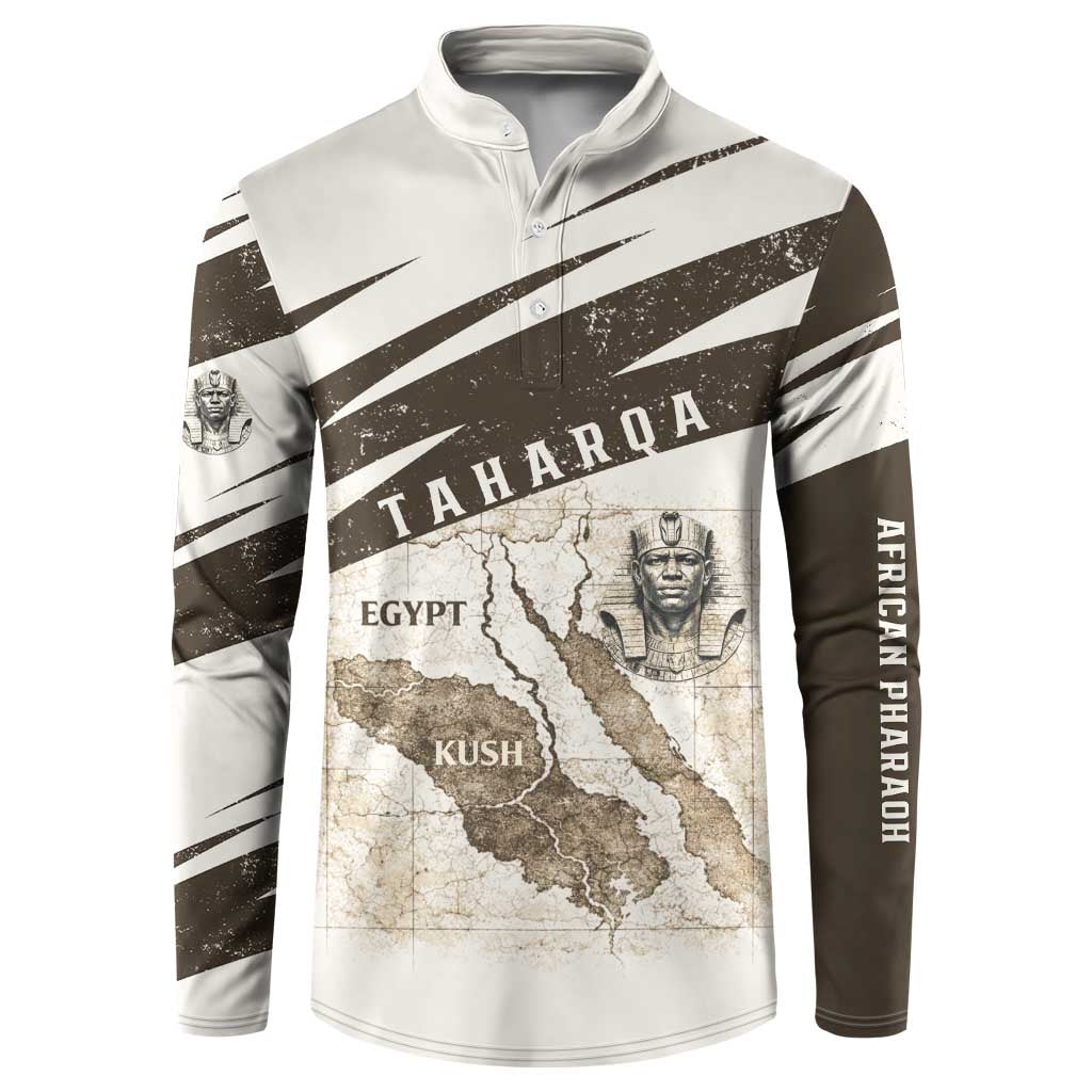 Taharqa Button Sweatshirt with Ancient Map Illustration, King of Two Lands Title and Kush Egypt Temple