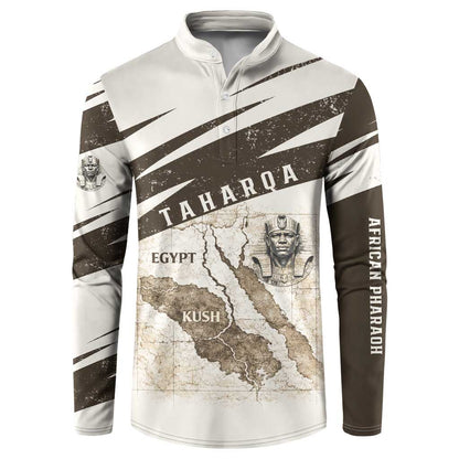 Taharqa Button Sweatshirt with Ancient Map Illustration, King of Two Lands Title and Kush Egypt Temple