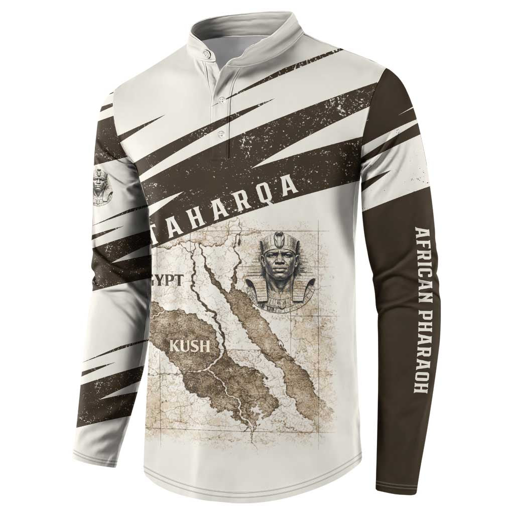 Taharqa Button Sweatshirt with Ancient Map Illustration, King of Two Lands Title and Kush Egypt Temple