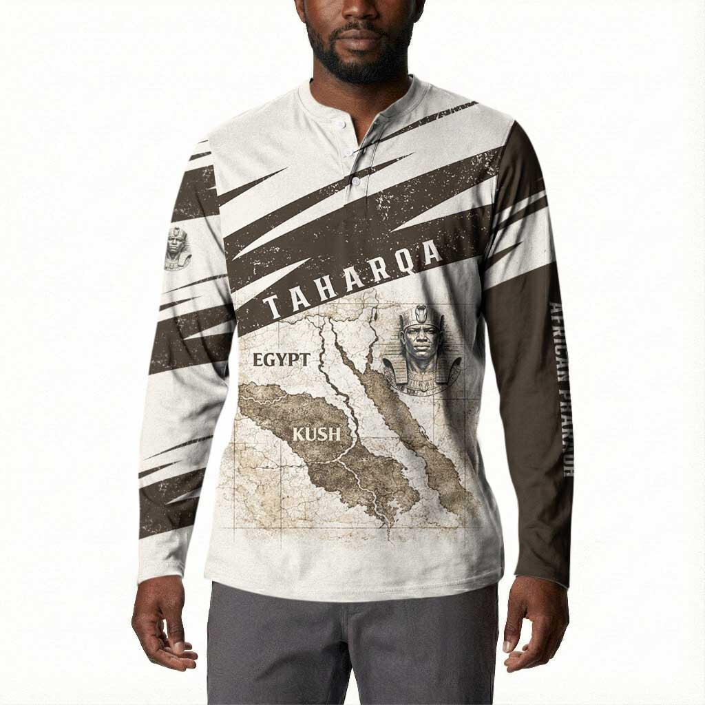 Taharqa Button Sweatshirt with Ancient Map Illustration, King of Two Lands Title and Kush Egypt Temple