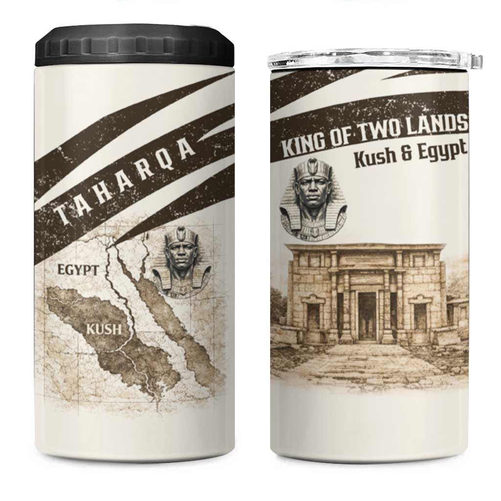 Taharqa 4 in 1 Can Cooler Tumbler with Ancient Map Illustration, King of Two Lands Title and Kush Egypt Temple - African Pride