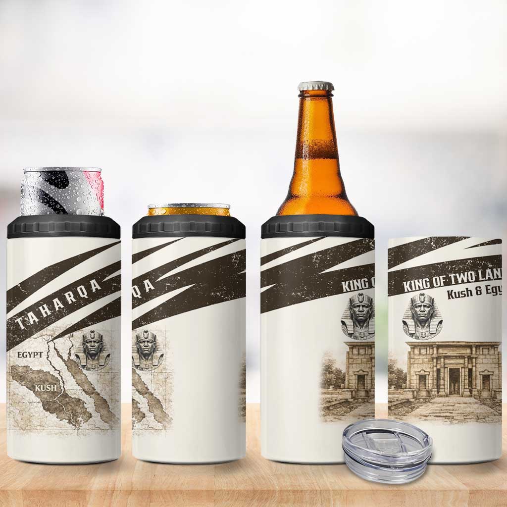 Taharqa 4 in 1 Can Cooler Tumbler with Ancient Map Illustration, King of Two Lands Title and Kush Egypt Temple - African Pride