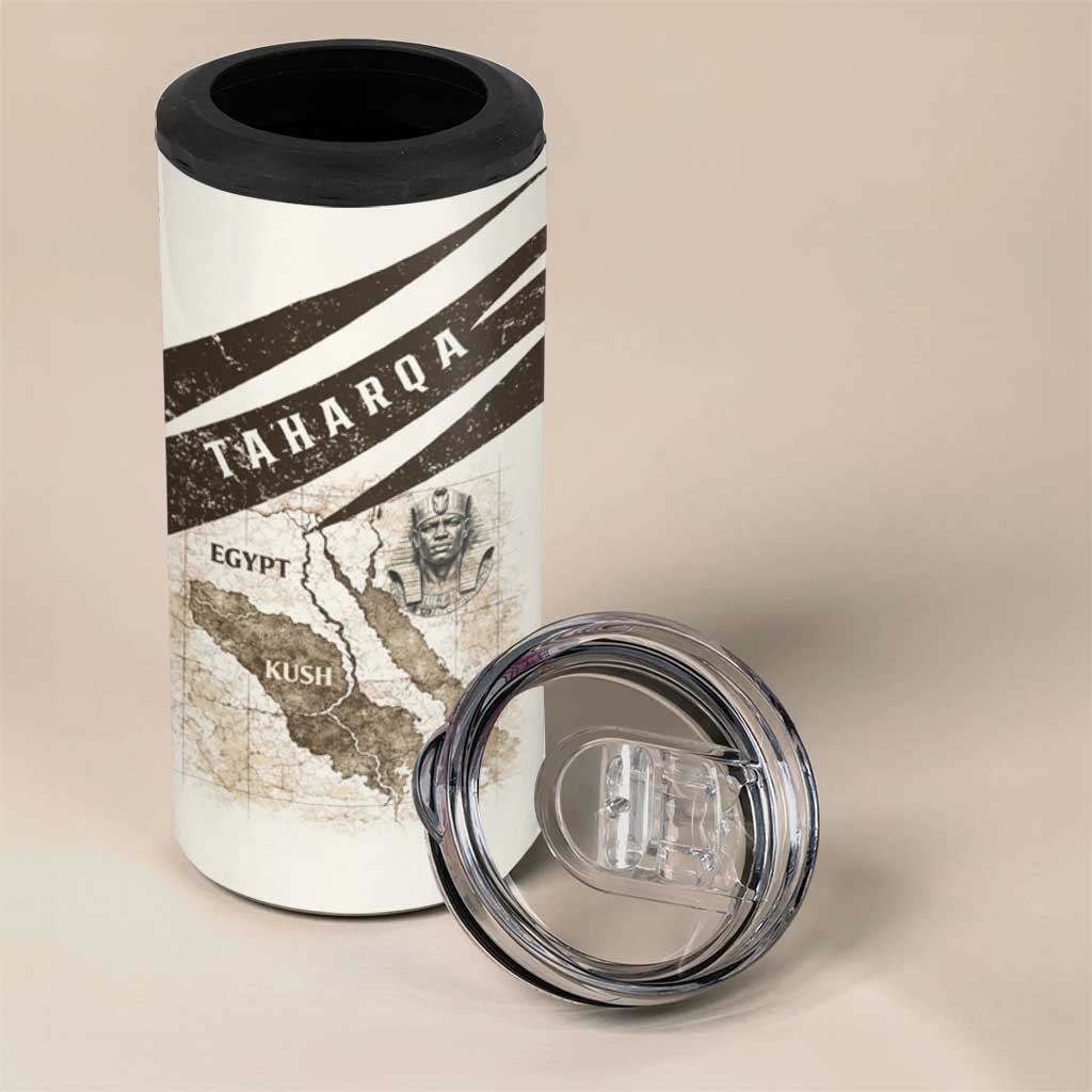 Taharqa 4 in 1 Can Cooler Tumbler with Ancient Map Illustration, King of Two Lands Title and Kush Egypt Temple - African Pride