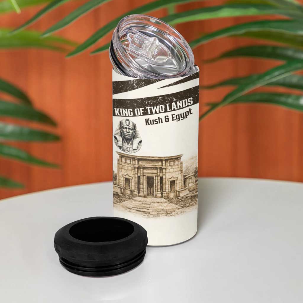 Taharqa 4 in 1 Can Cooler Tumbler with Ancient Map Illustration, King of Two Lands Title and Kush Egypt Temple - African Pride