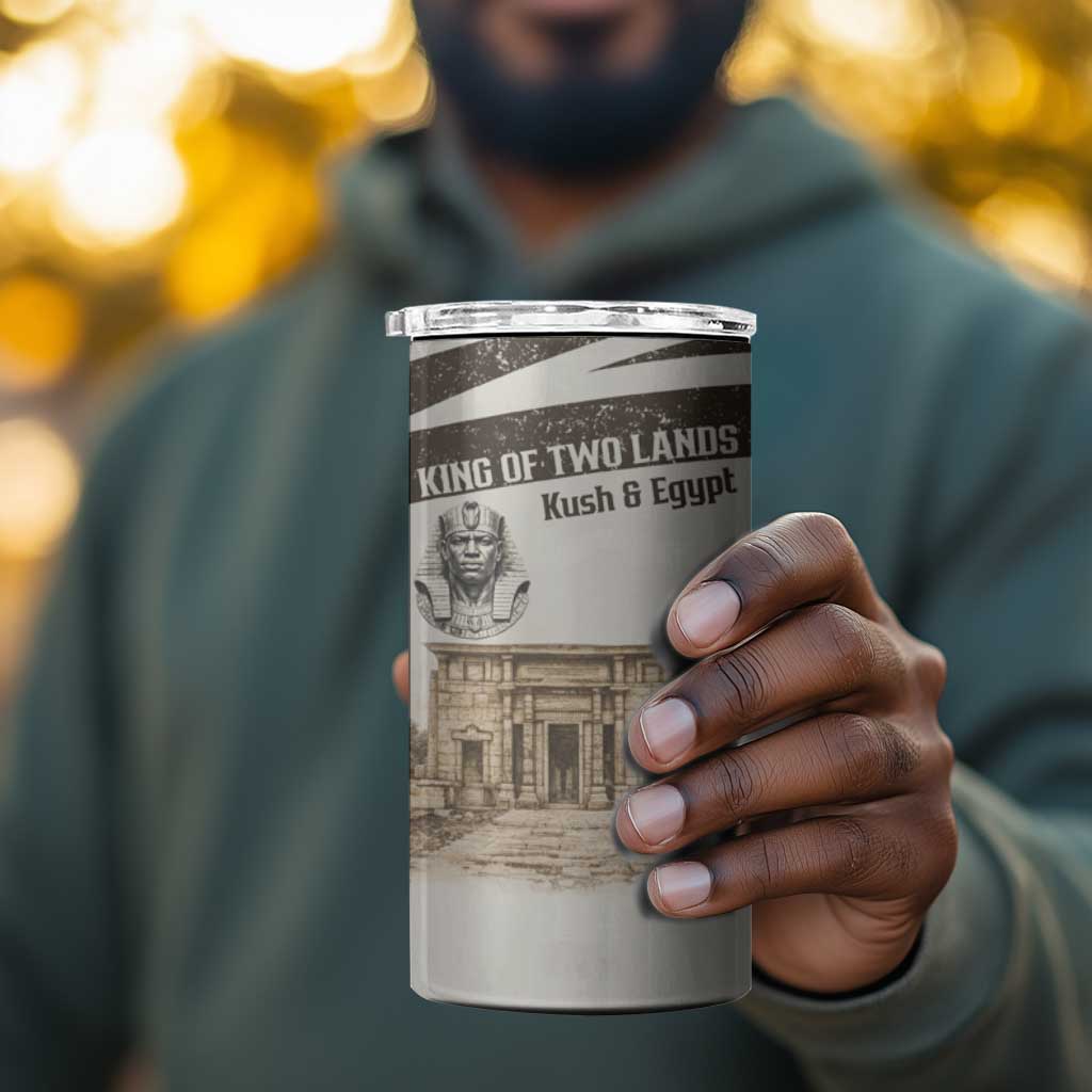 Taharqa 4 in 1 Can Cooler Tumbler with Ancient Map Illustration, King of Two Lands Title and Kush Egypt Temple - African Pride