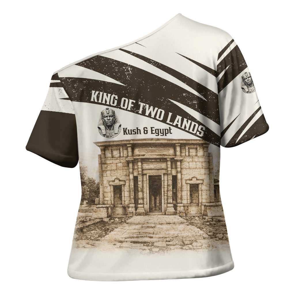 Taharqa Cross Shoulder Shirt with Ancient Map Illustration, King of Two Lands Title and Kush Egypt Temple - African Pride