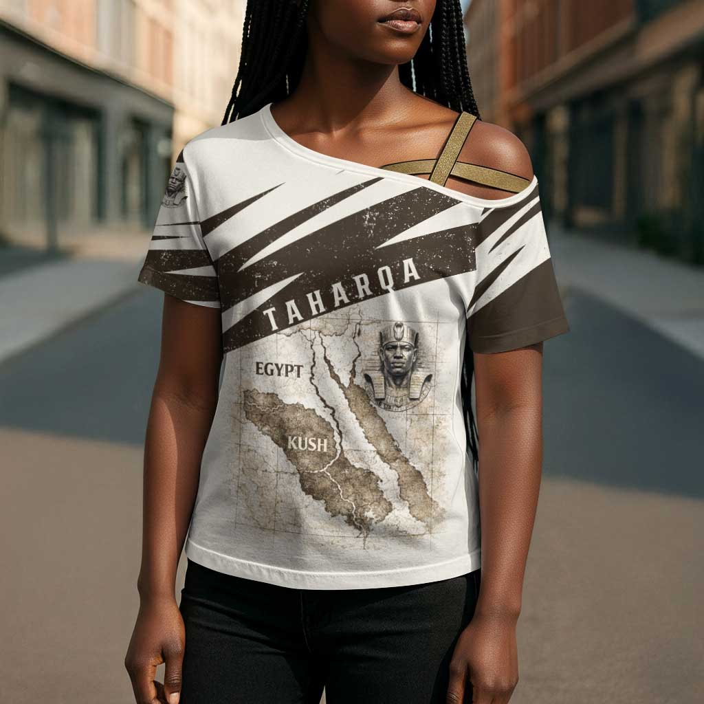 Taharqa Cross Shoulder Shirt with Ancient Map Illustration, King of Two Lands Title and Kush Egypt Temple - African Pride