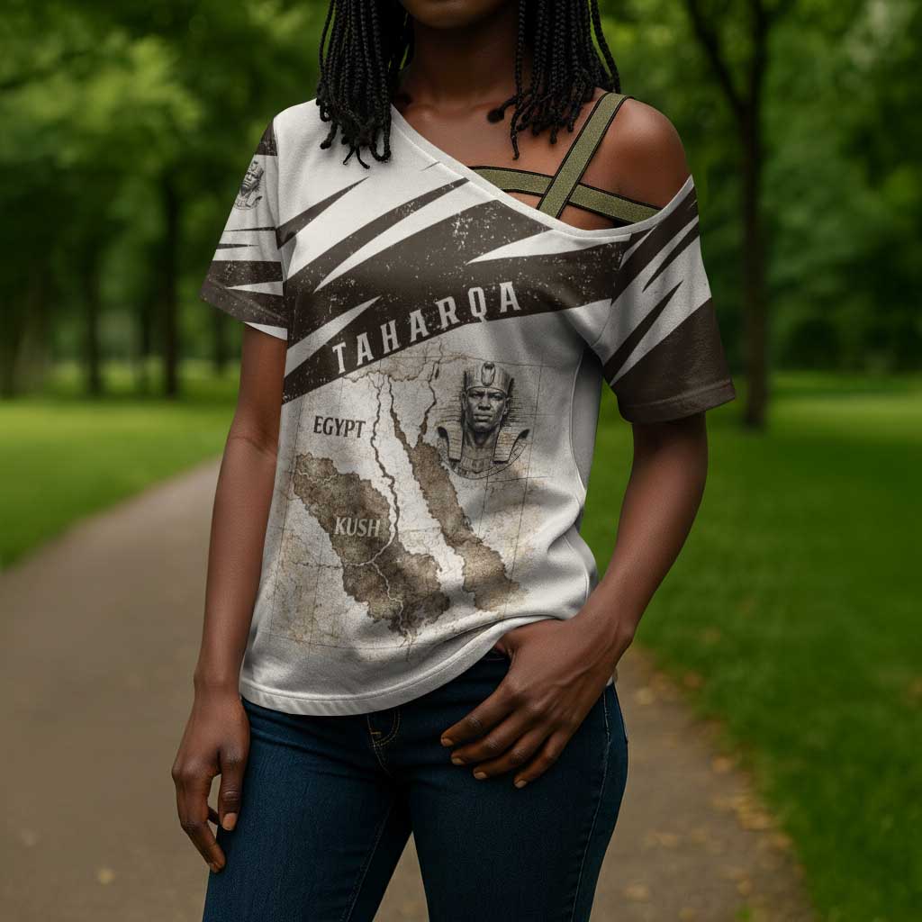 Taharqa Cross Shoulder Shirt with Ancient Map Illustration, King of Two Lands Title and Kush Egypt Temple - African Pride