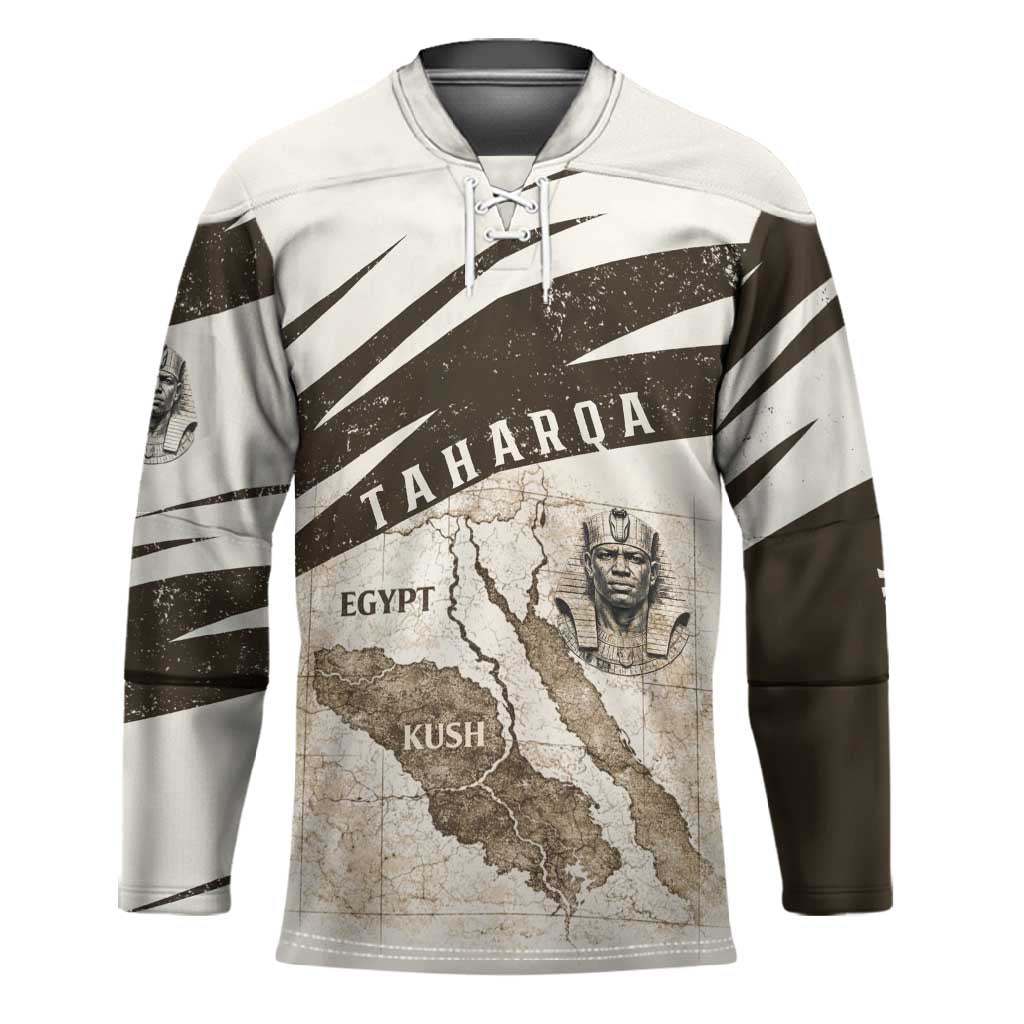 Taharqa Hockey Jersey with Ancient Map Illustration, King of Two Lands Title and Kush Egypt Temple - African Pride