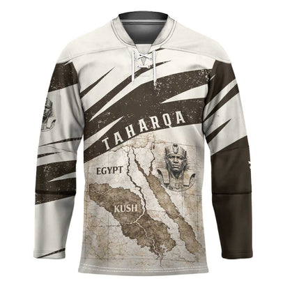 Taharqa Hockey Jersey with Ancient Map Illustration, King of Two Lands Title and Kush Egypt Temple - African Pride
