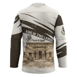 Taharqa Hockey Jersey with Ancient Map Illustration, King of Two Lands Title and Kush Egypt Temple - African Pride