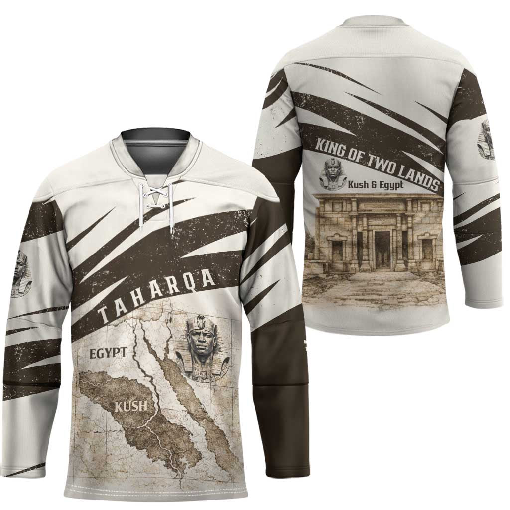 Taharqa Hockey Jersey with Ancient Map Illustration, King of Two Lands Title and Kush Egypt Temple - African Pride