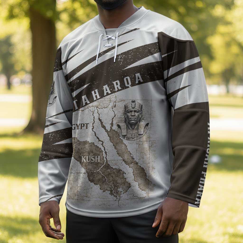 Taharqa Hockey Jersey with Ancient Map Illustration, King of Two Lands Title and Kush Egypt Temple - African Pride