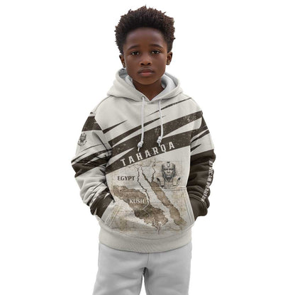 Taharqa Kid Hoodie with Ancient Map Illustration, King of Two Lands Title and Kush Egypt Temple - African Pride