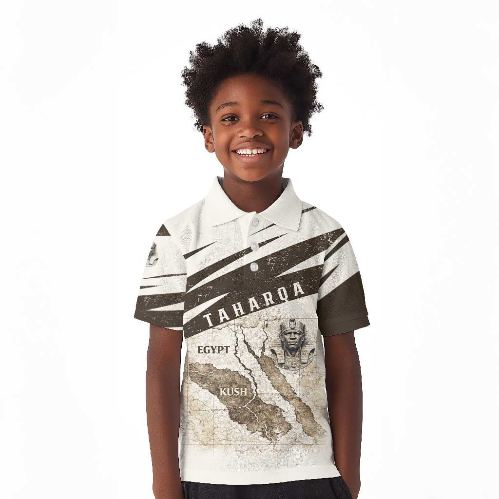 Taharqa Kid Polo Shirt with Ancient Map Illustration, King of Two Lands Title and Kush Egypt Temple - African Pride