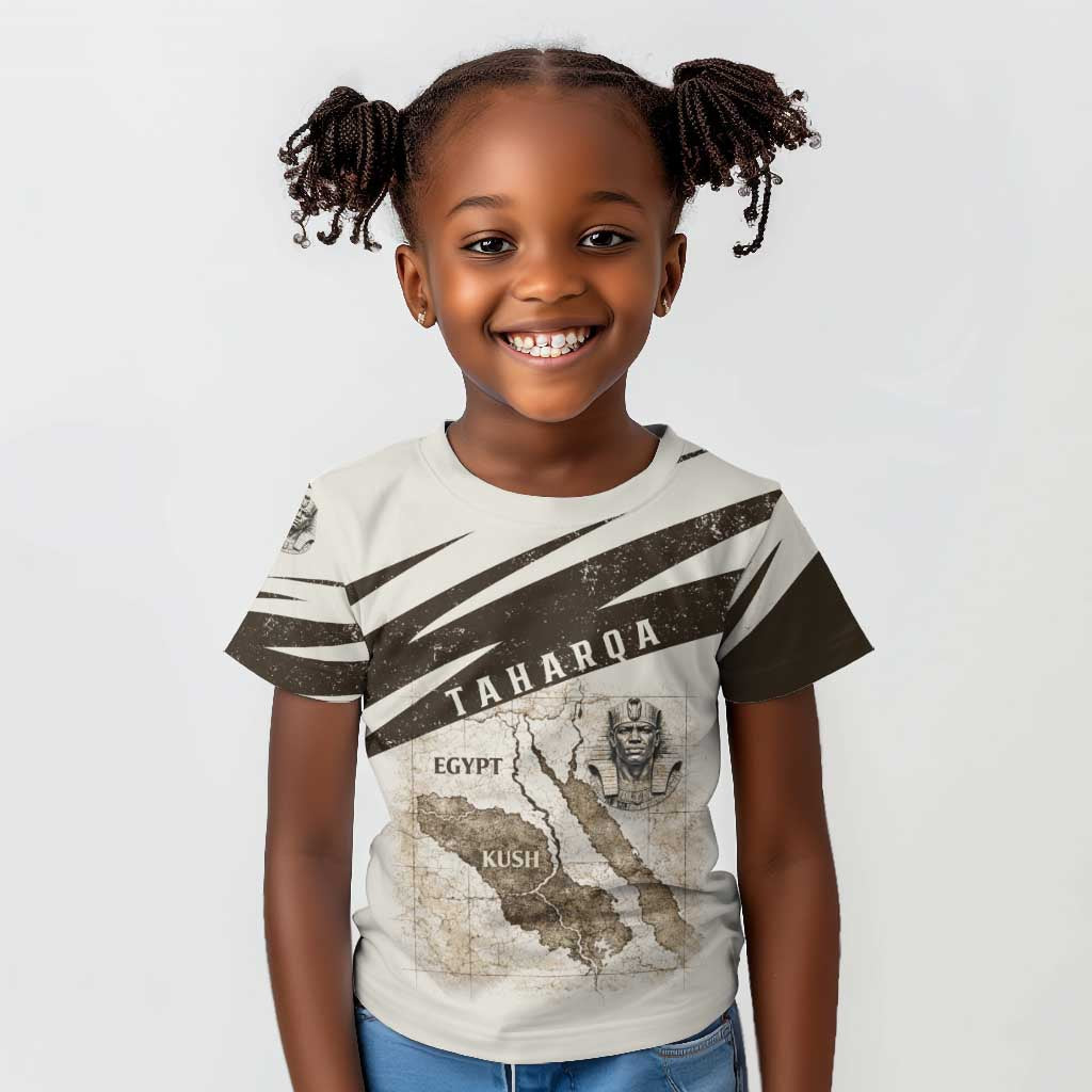 Taharqa Kid T shirt with Ancient Map Illustration, King of Two Lands Title and Kush Egypt Temple - African Pride