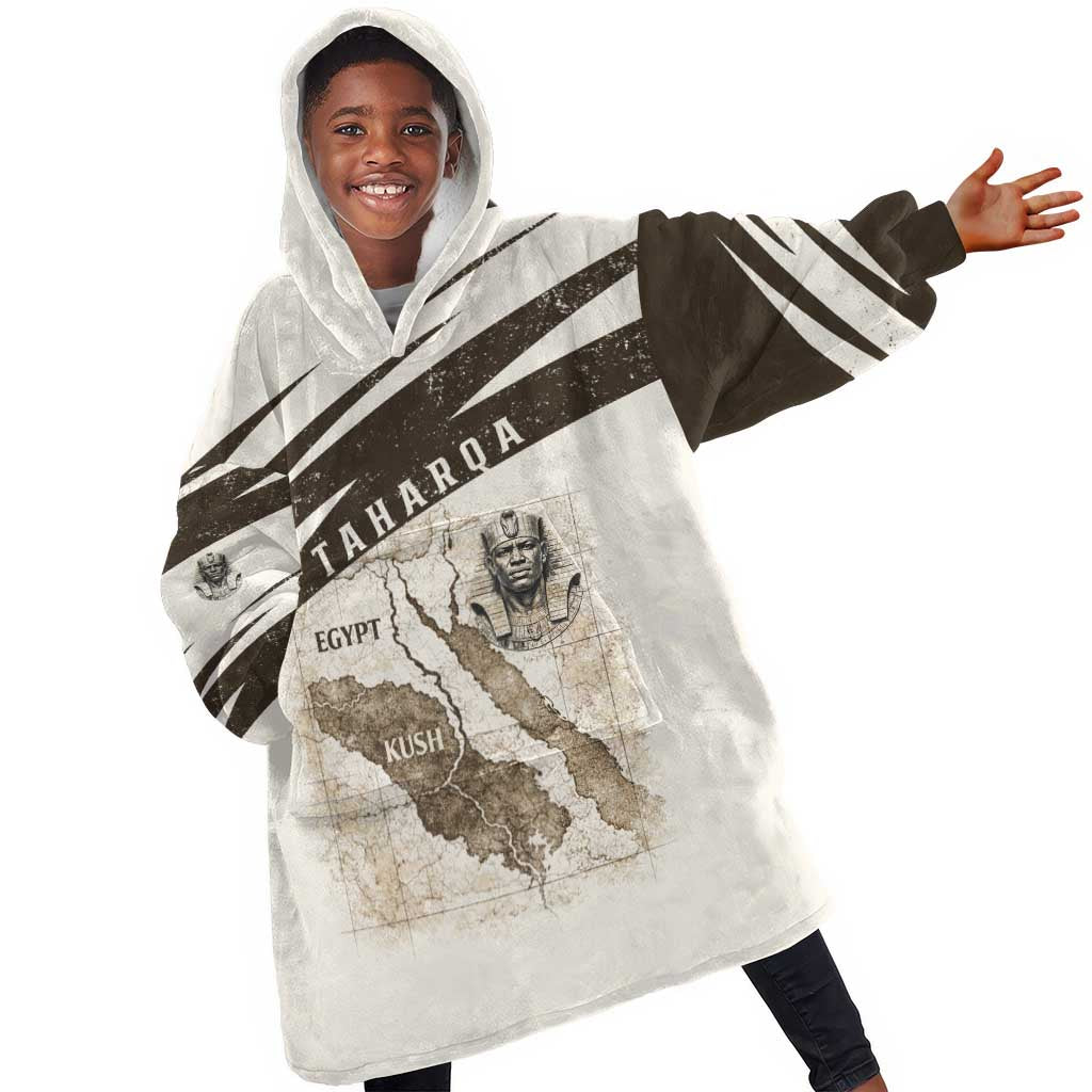 Taharqa Kid Wearable Blanket Hoodie with Ancient Map Illustration, King of Two Lands Title and Kush Egypt Temple - African Pride