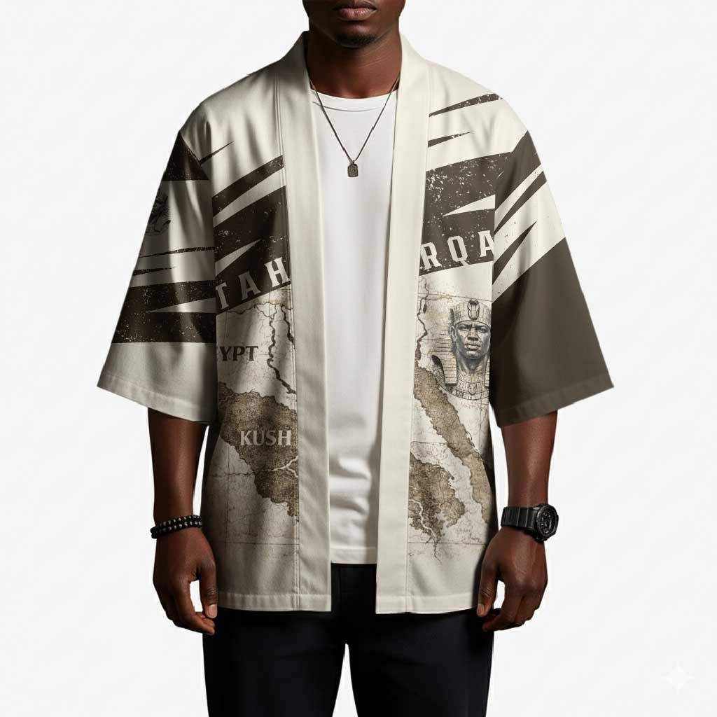 Taharqa Kimono with Ancient Map Illustration, King of Two Lands Title and Kush Egypt Temple - African Pride