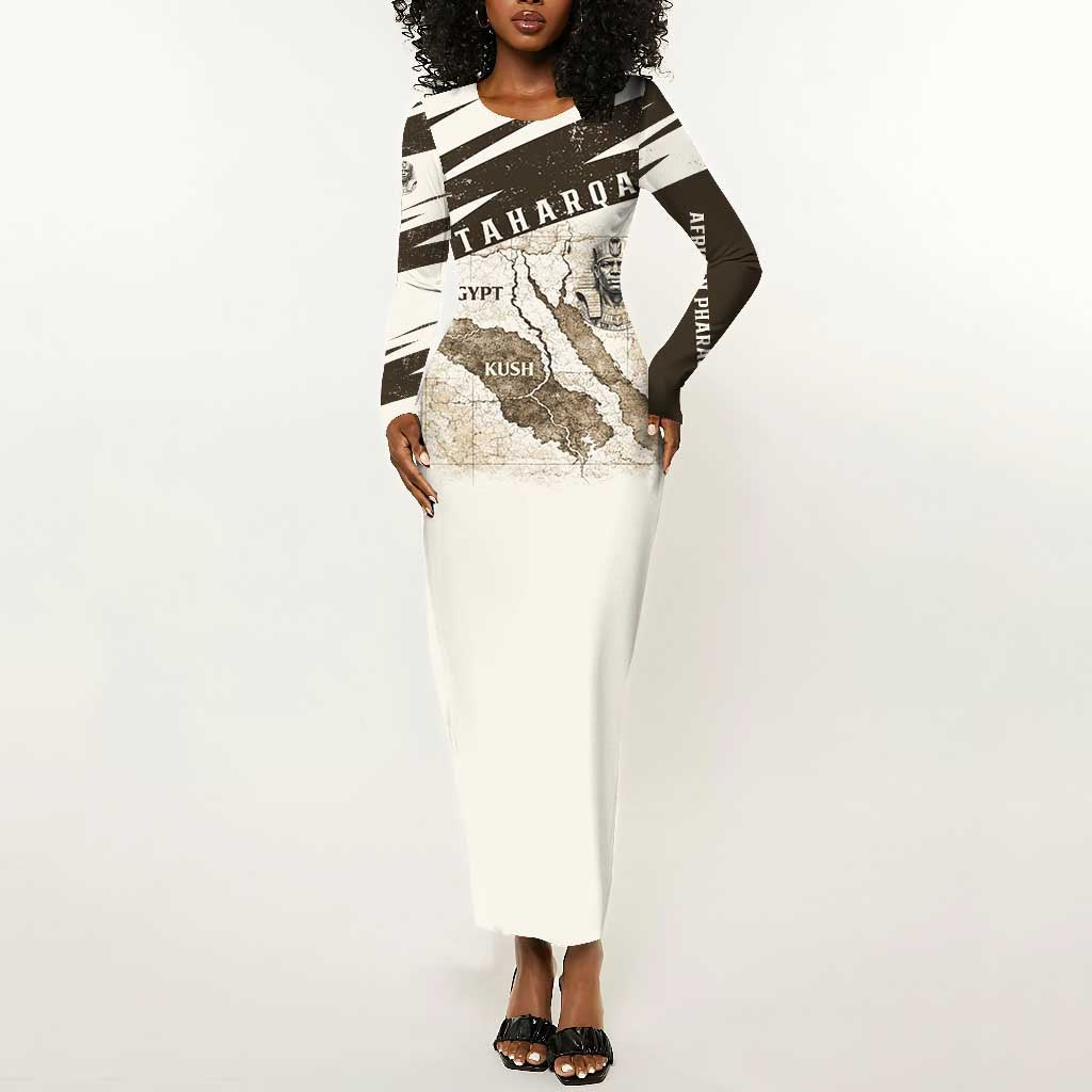 Taharqa Long Sleeve Bodycon Dress with Ancient Map Illustration, King of Two Lands Title and Kush Egypt Temple - African Pride