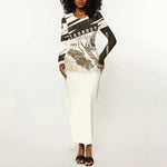 Taharqa Long Sleeve Bodycon Dress with Ancient Map Illustration, King of Two Lands Title and Kush Egypt Temple - African Pride